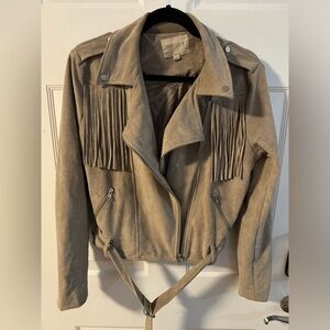 Moon River Taupe Fringe Suede Moto Biker Style Jacket Boho Western Revival MED